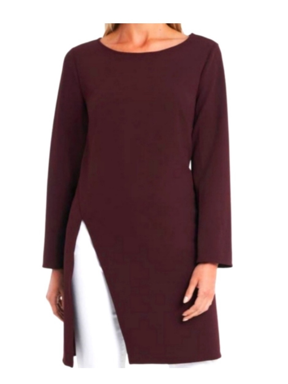 Vince Camuto Long-Sleeve Burgundy Crepe Ponte Tunic Top